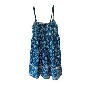 Angie Floral Boho Cottage Core Blue Spaghetti Strap Cotton Mini Sun Dress Medium